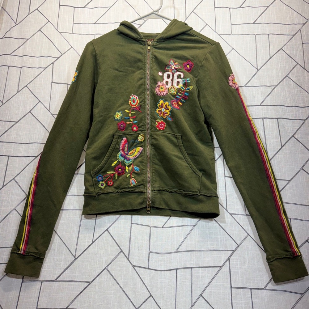 Johnny Was JWLA Zip Hoodie Small Olive Green Embroidered Floral Butterfly 1986